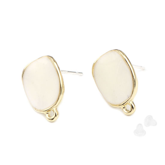 Picture of Zinc Based Alloy Ear Post Stud Earrings Findings Irregular Gold Plated Creamy-White Round W/ Loop Enamel 15mm x 12mm, Post/ Wire Size: (21 gauge), 2 Pairs