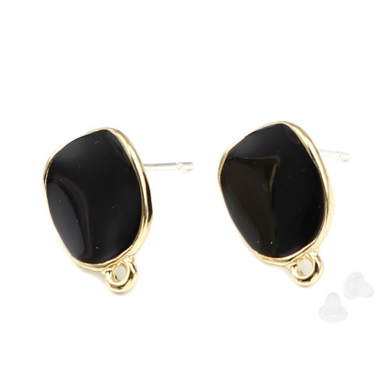 Picture of Zinc Based Alloy Ear Post Stud Earrings Findings Irregular Gold Plated Black Round W/ Loop Enamel 15mm x 12mm, Post/ Wire Size: (21 gauge), 2 Pairs