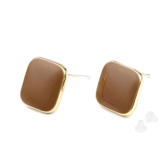 Picture of Zinc Based Alloy Ear Post Stud Earrings Findings Rhombus Gold Plated Coffee W/ Loop Enamel 14mm x 14mm, Post/ Wire Size: (21 gauge), 2 Pairs