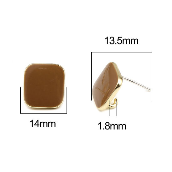 Picture of Zinc Based Alloy Ear Post Stud Earrings Findings Rhombus Gold Plated Coffee W/ Loop Enamel 14mm x 14mm, Post/ Wire Size: (21 gauge), 2 Pairs