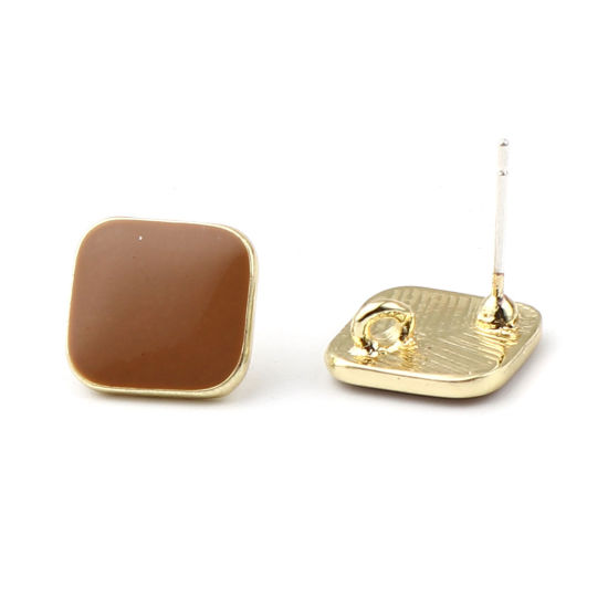 Picture of Zinc Based Alloy Ear Post Stud Earrings Findings Rhombus Gold Plated Coffee W/ Loop Enamel 14mm x 14mm, Post/ Wire Size: (21 gauge), 2 Pairs