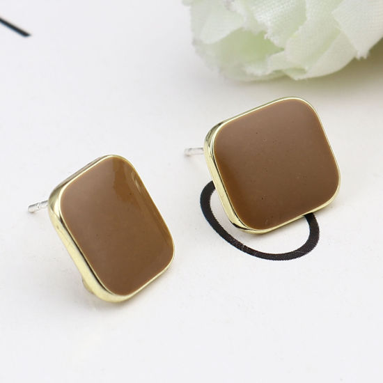 Picture of Zinc Based Alloy Ear Post Stud Earrings Findings Rhombus Gold Plated Coffee W/ Loop Enamel 14mm x 14mm, Post/ Wire Size: (21 gauge), 2 Pairs