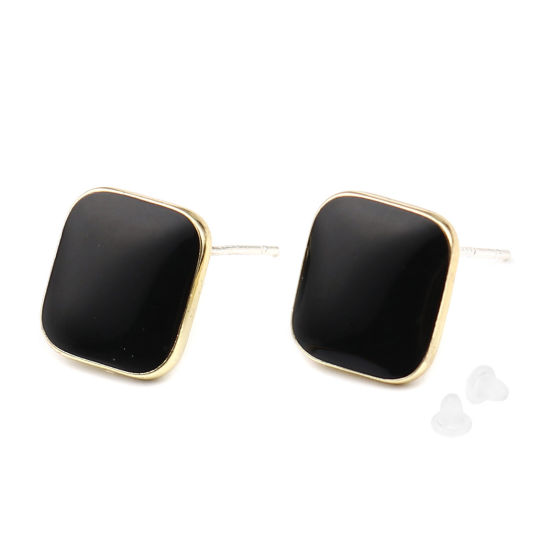 Picture of Zinc Based Alloy Ear Post Stud Earrings Findings Rhombus Gold Plated Black W/ Loop Enamel 14mm x 14mm, Post/ Wire Size: (21 gauge), 2 Pairs