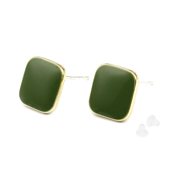 Picture of Zinc Based Alloy Ear Post Stud Earrings Findings Rhombus Gold Plated Green W/ Loop Enamel 14mm x 14mm, Post/ Wire Size: (21 gauge), 2 Pairs