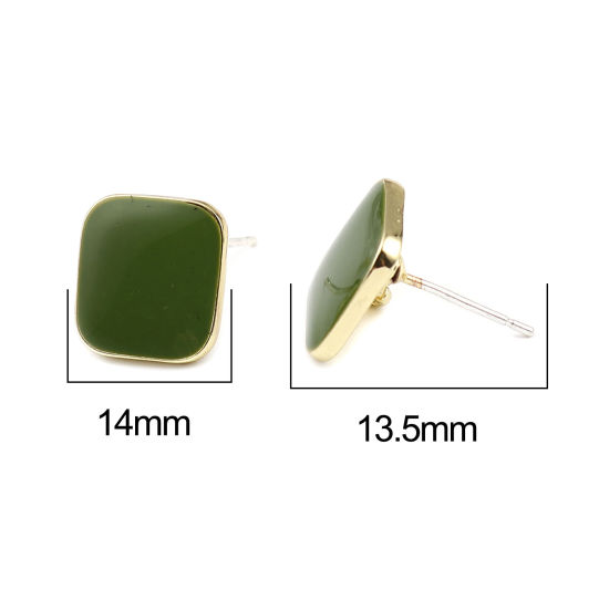 Picture of Zinc Based Alloy Ear Post Stud Earrings Findings Rhombus Gold Plated Green W/ Loop Enamel 14mm x 14mm, Post/ Wire Size: (21 gauge), 2 Pairs