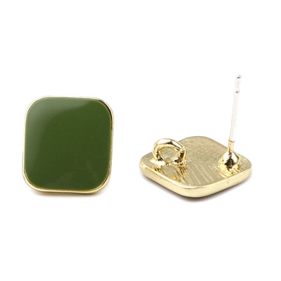 Picture of Zinc Based Alloy Ear Post Stud Earrings Findings Rhombus Gold Plated Green W/ Loop Enamel 14mm x 14mm, Post/ Wire Size: (21 gauge), 2 Pairs