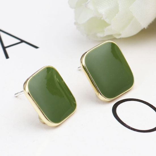 Picture of Zinc Based Alloy Ear Post Stud Earrings Findings Rhombus Gold Plated Green W/ Loop Enamel 14mm x 14mm, Post/ Wire Size: (21 gauge), 2 Pairs