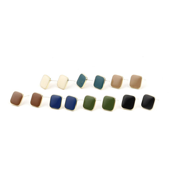 Picture of Zinc Based Alloy Ear Post Stud Earrings Findings Rhombus Gold Plated Green W/ Loop Enamel 14mm x 14mm, Post/ Wire Size: (21 gauge), 2 Pairs