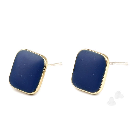 Picture of Zinc Based Alloy Ear Post Stud Earrings Findings Rhombus Gold Plated Royal Blue W/ Loop Enamel 14mm x 14mm, Post/ Wire Size: (21 gauge), 2 Pairs