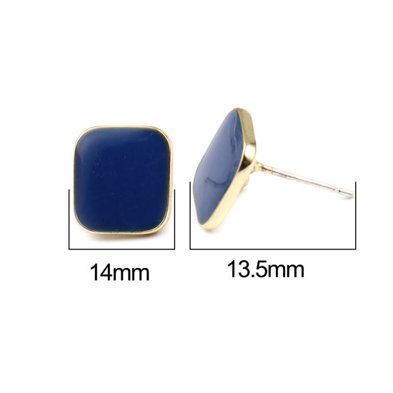 Picture of Zinc Based Alloy Ear Post Stud Earrings Findings Rhombus Gold Plated Royal Blue W/ Loop Enamel 14mm x 14mm, Post/ Wire Size: (21 gauge), 2 Pairs