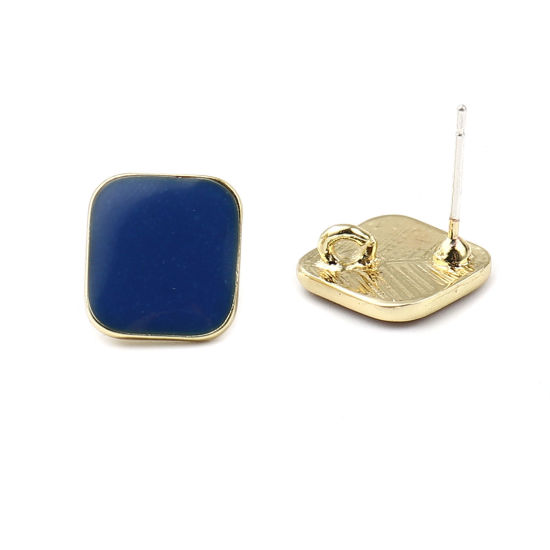 Picture of Zinc Based Alloy Ear Post Stud Earrings Findings Rhombus Gold Plated Royal Blue W/ Loop Enamel 14mm x 14mm, Post/ Wire Size: (21 gauge), 2 Pairs