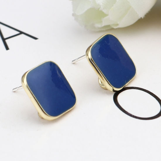 Picture of Zinc Based Alloy Ear Post Stud Earrings Findings Rhombus Gold Plated Royal Blue W/ Loop Enamel 14mm x 14mm, Post/ Wire Size: (21 gauge), 2 Pairs