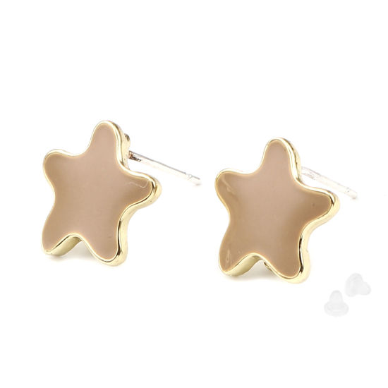 Picture of Zinc Based Alloy Ocean Jewelry Ear Post Stud Earrings Findings Star Fish Gold Plated Khaki W/ Loop Enamel 13mm x 13mm, Post/ Wire Size: (21 gauge), 2 Pairs