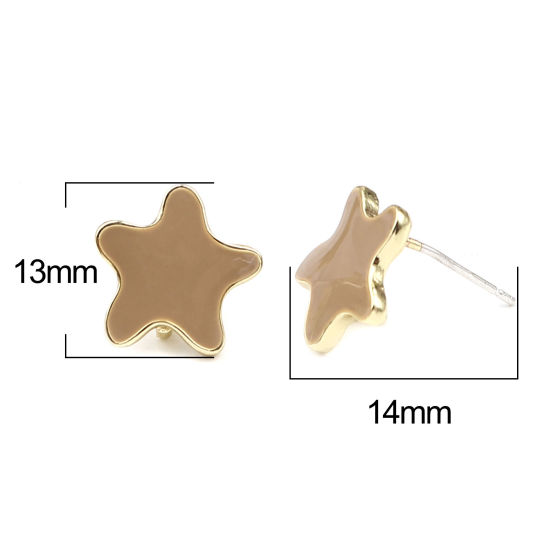 Picture of Zinc Based Alloy Ocean Jewelry Ear Post Stud Earrings Findings Star Fish Gold Plated Khaki W/ Loop Enamel 13mm x 13mm, Post/ Wire Size: (21 gauge), 2 Pairs