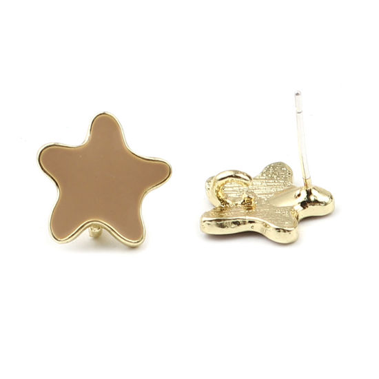 Picture of Zinc Based Alloy Ocean Jewelry Ear Post Stud Earrings Findings Star Fish Gold Plated Khaki W/ Loop Enamel 13mm x 13mm, Post/ Wire Size: (21 gauge), 2 Pairs