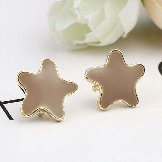 Picture of Zinc Based Alloy Ocean Jewelry Ear Post Stud Earrings Findings Star Fish Gold Plated Khaki W/ Loop Enamel 13mm x 13mm, Post/ Wire Size: (21 gauge), 2 Pairs