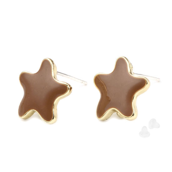 Picture of Zinc Based Alloy Ocean Jewelry Ear Post Stud Earrings Findings Star Fish Gold Plated Coffee W/ Loop Enamel 13mm x 13mm, Post/ Wire Size: (21 gauge), 2 Pairs