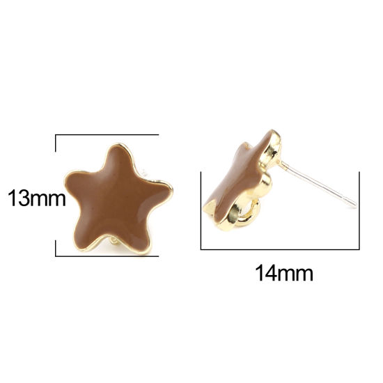 Picture of Zinc Based Alloy Ocean Jewelry Ear Post Stud Earrings Findings Star Fish Gold Plated Coffee W/ Loop Enamel 13mm x 13mm, Post/ Wire Size: (21 gauge), 2 Pairs
