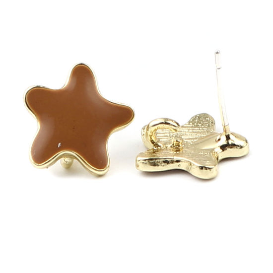 Picture of Zinc Based Alloy Ocean Jewelry Ear Post Stud Earrings Findings Star Fish Gold Plated Coffee W/ Loop Enamel 13mm x 13mm, Post/ Wire Size: (21 gauge), 2 Pairs