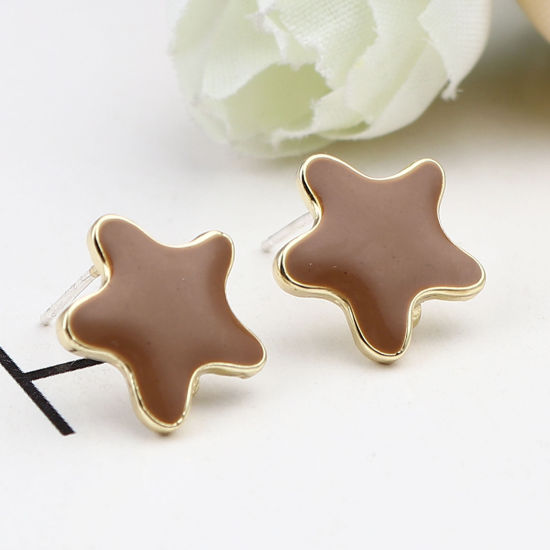 Picture of Zinc Based Alloy Ocean Jewelry Ear Post Stud Earrings Findings Star Fish Gold Plated Coffee W/ Loop Enamel 13mm x 13mm, Post/ Wire Size: (21 gauge), 2 Pairs