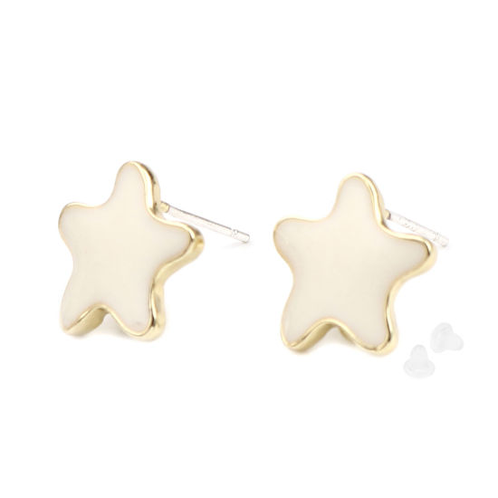 Picture of Zinc Based Alloy Ocean Jewelry Ear Post Stud Earrings Findings Star Fish Gold Plated Creamy-White W/ Loop Enamel 13mm x 13mm, Post/ Wire Size: (21 gauge), 2 Pairs