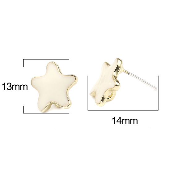 Picture of Zinc Based Alloy Ocean Jewelry Ear Post Stud Earrings Findings Star Fish Gold Plated Creamy-White W/ Loop Enamel 13mm x 13mm, Post/ Wire Size: (21 gauge), 2 Pairs