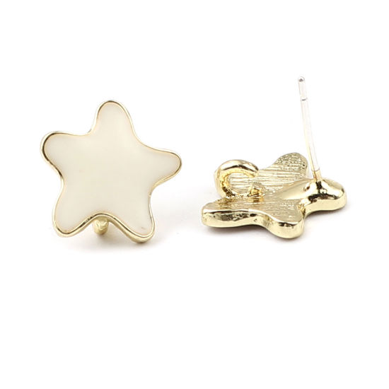 Picture of Zinc Based Alloy Ocean Jewelry Ear Post Stud Earrings Findings Star Fish Gold Plated Creamy-White W/ Loop Enamel 13mm x 13mm, Post/ Wire Size: (21 gauge), 2 Pairs
