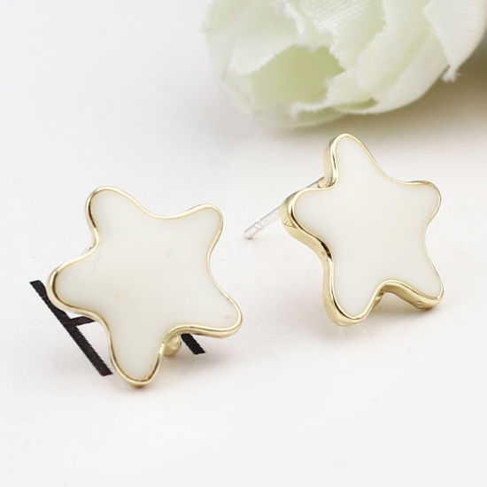 Picture of Zinc Based Alloy Ocean Jewelry Ear Post Stud Earrings Findings Star Fish Gold Plated Creamy-White W/ Loop Enamel 13mm x 13mm, Post/ Wire Size: (21 gauge), 2 Pairs