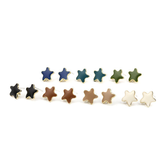 Picture of Zinc Based Alloy Ocean Jewelry Ear Post Stud Earrings Findings Star Fish Gold Plated Creamy-White W/ Loop Enamel 13mm x 13mm, Post/ Wire Size: (21 gauge), 2 Pairs