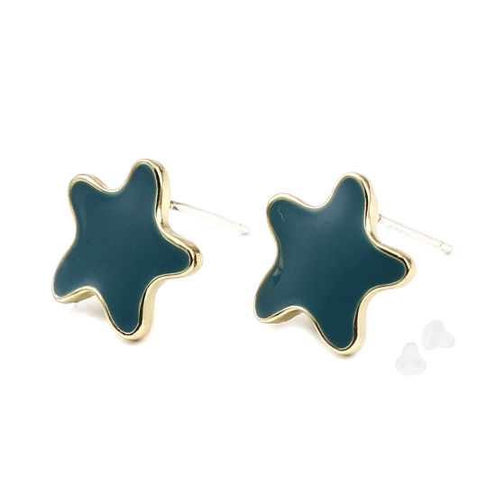 Picture of Zinc Based Alloy Ocean Jewelry Ear Post Stud Earrings Findings Star Fish Gold Plated Peacock Blue W/ Loop Enamel 13mm x 13mm, Post/ Wire Size: (21 gauge), 2 Pairs