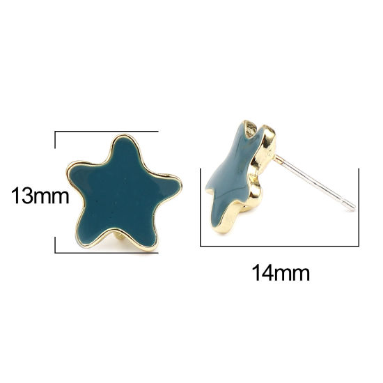 Picture of Zinc Based Alloy Ocean Jewelry Ear Post Stud Earrings Findings Star Fish Gold Plated Peacock Blue W/ Loop Enamel 13mm x 13mm, Post/ Wire Size: (21 gauge), 2 Pairs