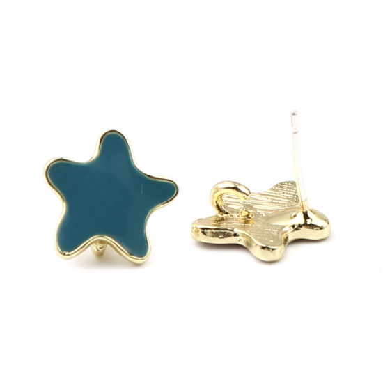 Picture of Zinc Based Alloy Ocean Jewelry Ear Post Stud Earrings Findings Star Fish Gold Plated Peacock Blue W/ Loop Enamel 13mm x 13mm, Post/ Wire Size: (21 gauge), 2 Pairs