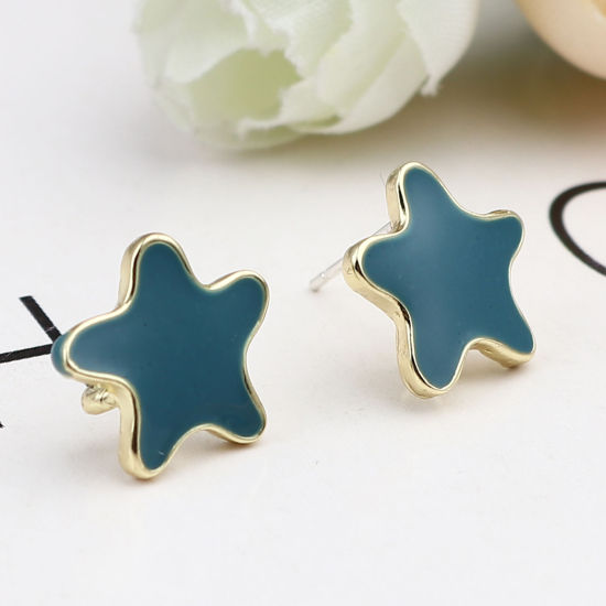 Picture of Zinc Based Alloy Ocean Jewelry Ear Post Stud Earrings Findings Star Fish Gold Plated Peacock Blue W/ Loop Enamel 13mm x 13mm, Post/ Wire Size: (21 gauge), 2 Pairs