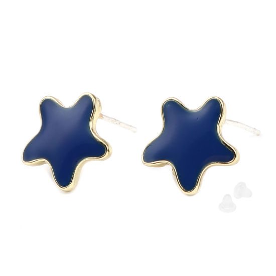Picture of Zinc Based Alloy Ocean Jewelry Ear Post Stud Earrings Findings Star Fish Gold Plated Royal Blue W/ Loop Enamel 13mm x 13mm, Post/ Wire Size: (21 gauge), 2 Pairs