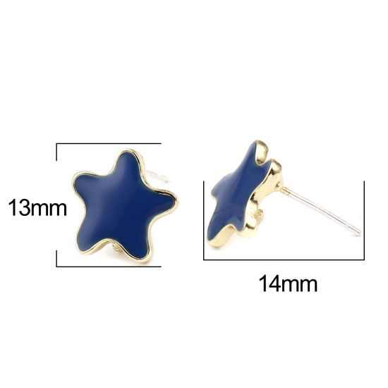 Picture of Zinc Based Alloy Ocean Jewelry Ear Post Stud Earrings Findings Star Fish Gold Plated Royal Blue W/ Loop Enamel 13mm x 13mm, Post/ Wire Size: (21 gauge), 2 Pairs