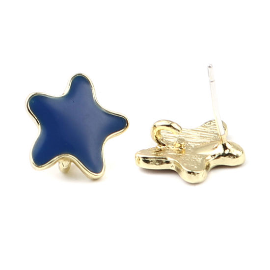 Picture of Zinc Based Alloy Ocean Jewelry Ear Post Stud Earrings Findings Star Fish Gold Plated Royal Blue W/ Loop Enamel 13mm x 13mm, Post/ Wire Size: (21 gauge), 2 Pairs