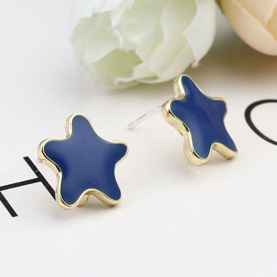 Picture of Zinc Based Alloy Ocean Jewelry Ear Post Stud Earrings Findings Star Fish Gold Plated Royal Blue W/ Loop Enamel 13mm x 13mm, Post/ Wire Size: (21 gauge), 2 Pairs