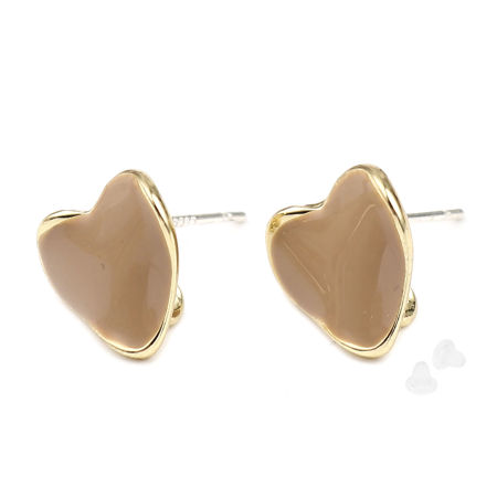 Bild von Zinklegierung Ohrring Ohrstecker Zubehör Herz Vergoldet Khaki M/Öse 12mm x 11mm, Drahtstärke: (21 gauge), 2 Paare