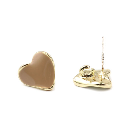 Imagen de Zamak Pendientes Corazón Chapado en Oro Caqui W/ Lazo 12mm x 11mm, Post/ Wire: (21 gauge), 2 Pares