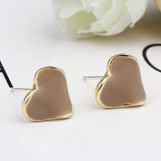 Imagen de Zamak Pendientes Corazón Chapado en Oro Caqui W/ Lazo 12mm x 11mm, Post/ Wire: (21 gauge), 2 Pares