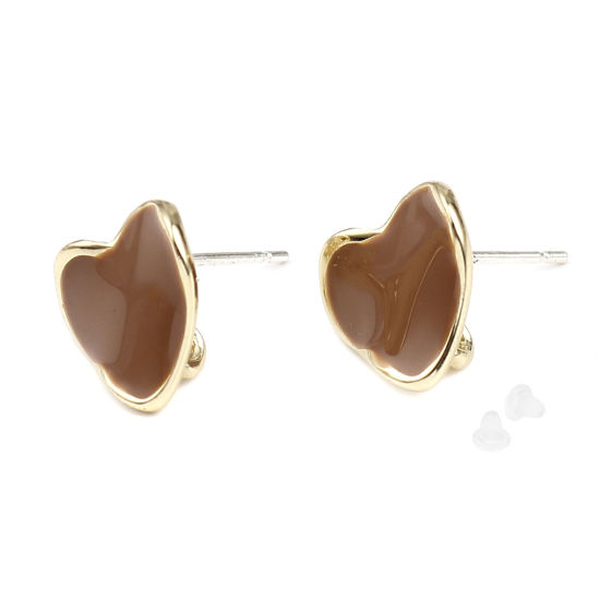 Imagen de Zamak Pendientes Corazón Chapado en Oro Café W/ Lazo 12mm x 11mm, Post/ Wire: (21 gauge), 2 Pares