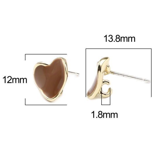Imagen de Zamak Pendientes Corazón Chapado en Oro Café W/ Lazo 12mm x 11mm, Post/ Wire: (21 gauge), 2 Pares
