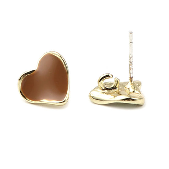 Imagen de Zamak Pendientes Corazón Chapado en Oro Café W/ Lazo 12mm x 11mm, Post/ Wire: (21 gauge), 2 Pares
