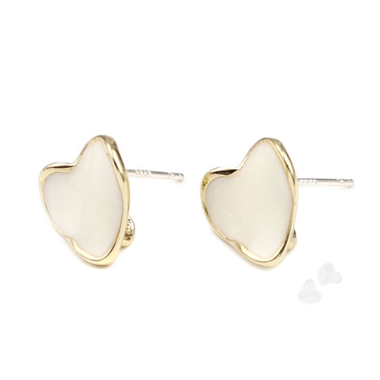 Imagen de Zamak Pendientes Corazón Chapado en Oro Blanco Crema W/ Lazo 12mm x 11mm, Post/ Wire: (21 gauge), 2 Pares
