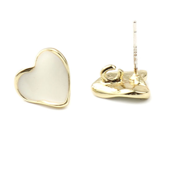Imagen de Zamak Pendientes Corazón Chapado en Oro Blanco Crema W/ Lazo 12mm x 11mm, Post/ Wire: (21 gauge), 2 Pares
