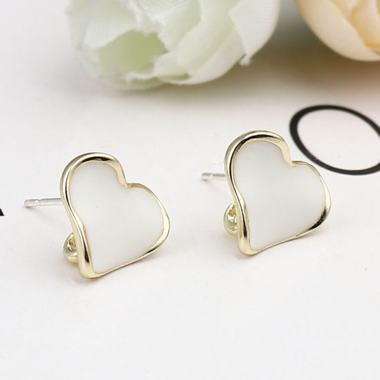 Imagen de Zamak Pendientes Corazón Chapado en Oro Blanco Crema W/ Lazo 12mm x 11mm, Post/ Wire: (21 gauge), 2 Pares