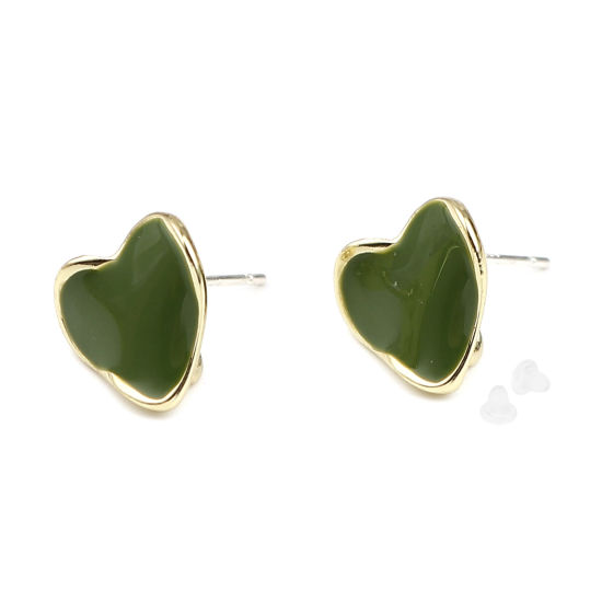Imagen de Zamak Pendientes Corazón Chapado en Oro Verde W/ Lazo 12mm x 11mm, Post/ Wire: (21 gauge), 2 Pares