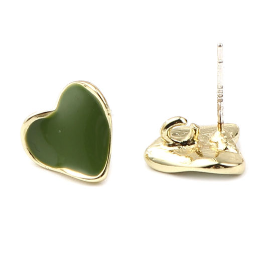 Imagen de Zamak Pendientes Corazón Chapado en Oro Verde W/ Lazo 12mm x 11mm, Post/ Wire: (21 gauge), 2 Pares