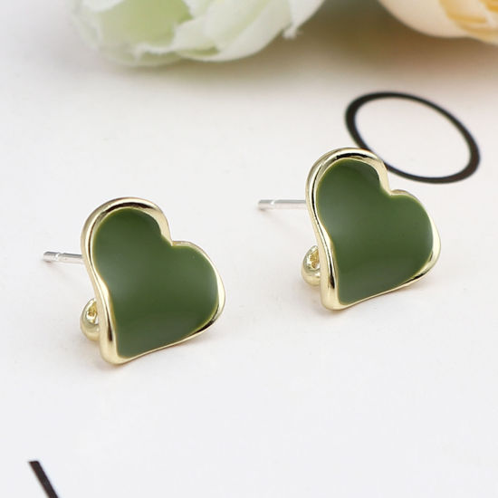 Imagen de Zamak Pendientes Corazón Chapado en Oro Verde W/ Lazo 12mm x 11mm, Post/ Wire: (21 gauge), 2 Pares