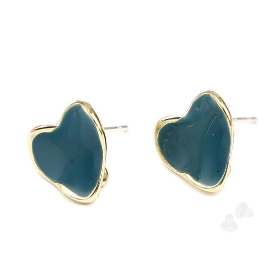 Imagen de Zamak Pendientes Corazón Chapado en Oro Azul Pavo W/ Lazo 12mm x 11mm, Post/ Wire: (21 gauge), 2 Pares